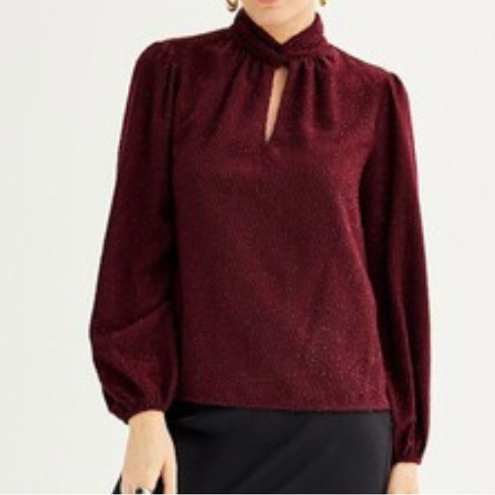 NWT Nine‎ West Women's Wine Red Sparkle Twist-Neck Blouse Size XS